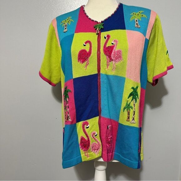 Jack B Quick Sweater Cardigan Fun Tropical Pink Flamingo Palm Tree size M - Picture 1 of 10